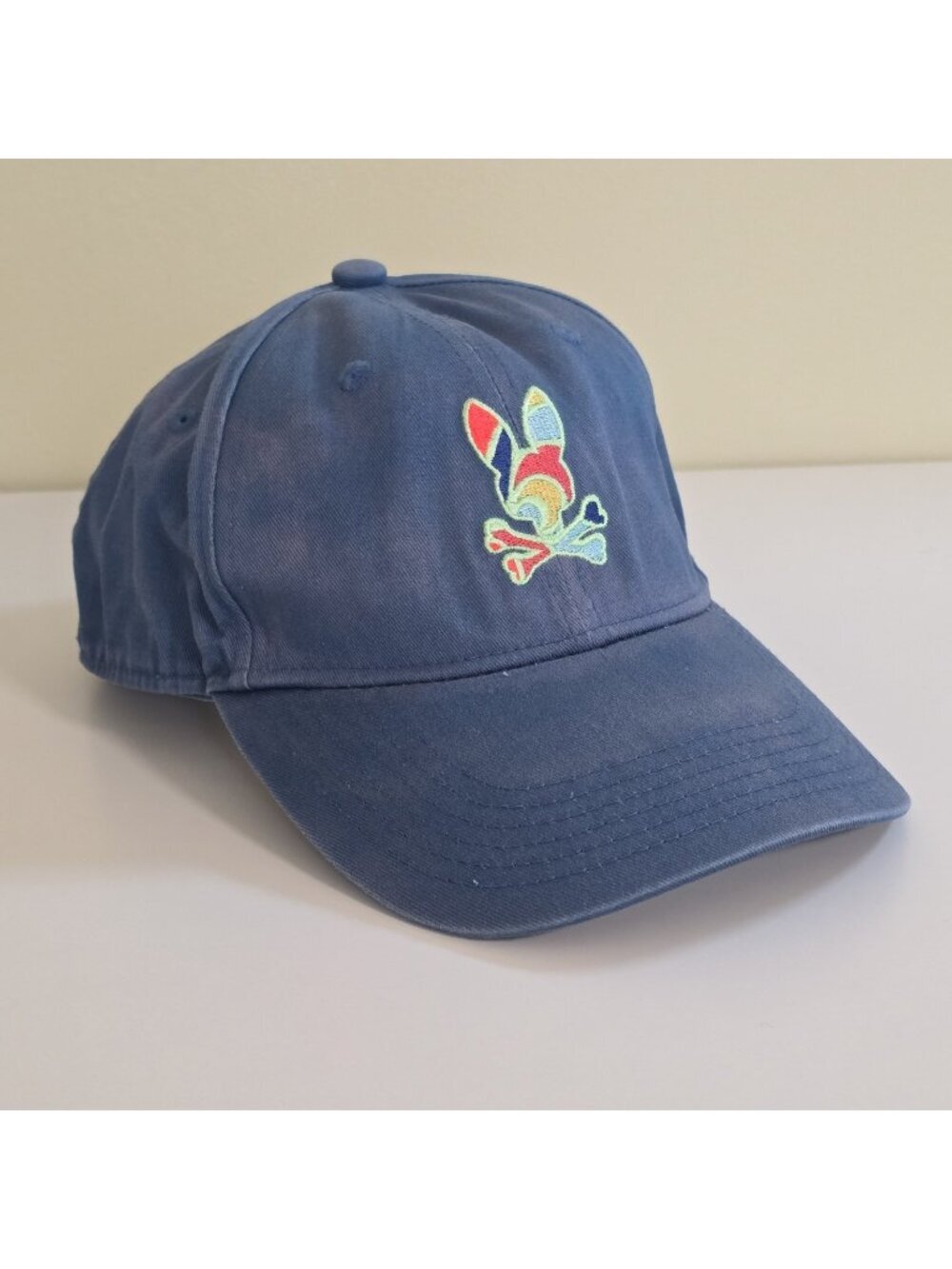 Psycho Bunny Blue Dad Hat OS Embroidered Skull Logo Adjustable Mineral Wash Fade